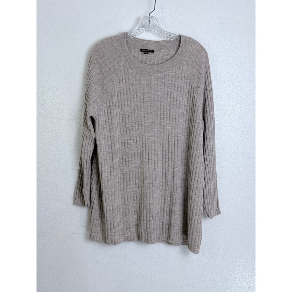 Eileen Fisher Merino Wool Ribbed Tunic Sweater Oatmeal Round Neck L